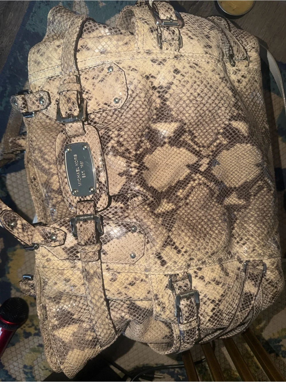 MICHAEL KORS Tan Snake-Print Satchel